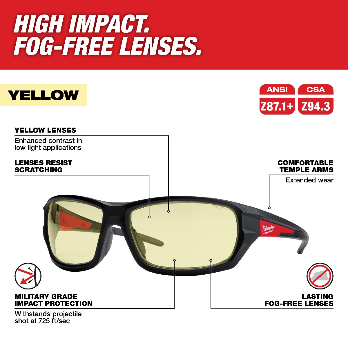 Performance Safety Glasses - Fog-Free Lenses - Yellow 12 Pack