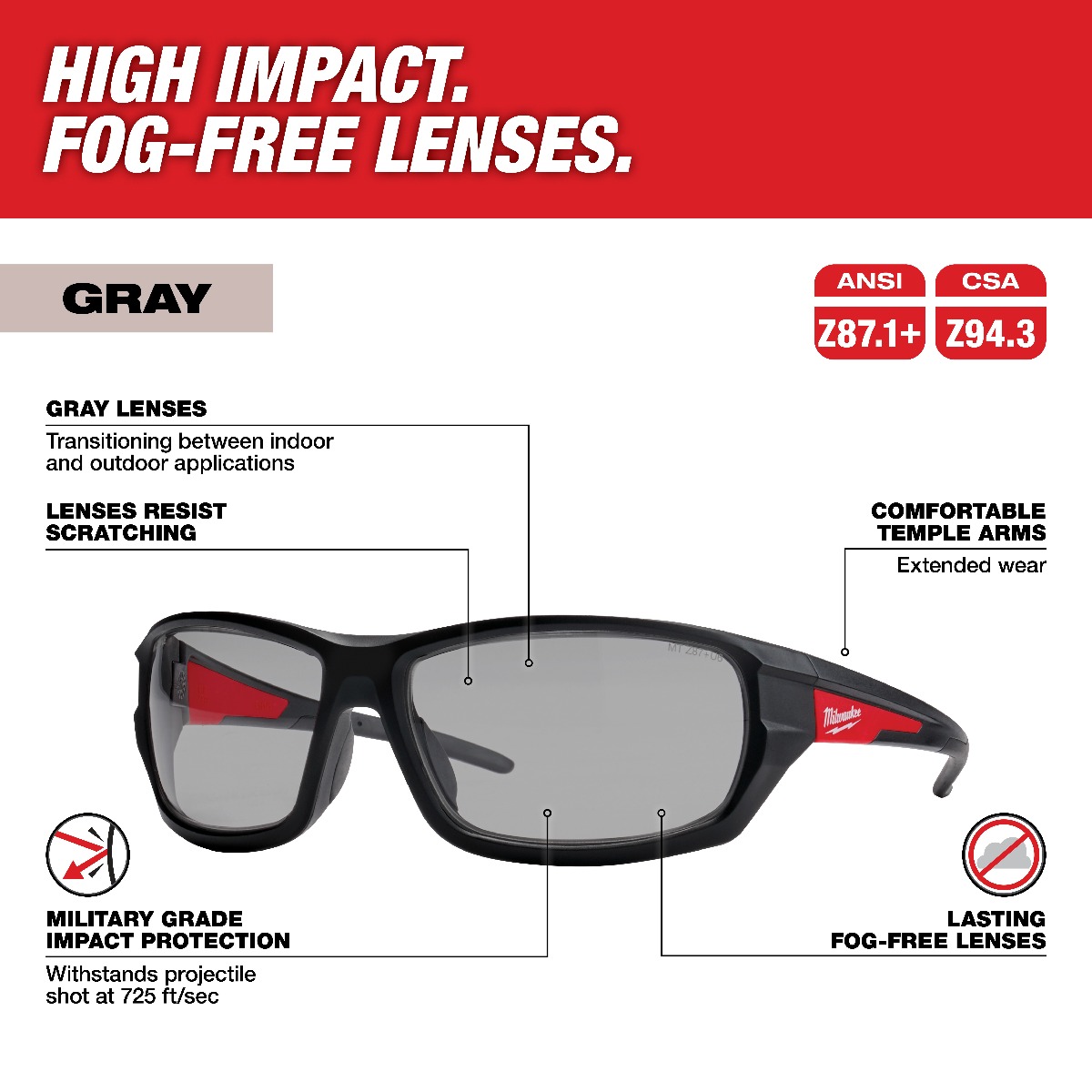 Performance Safety Glasses - Fog-Free Lenses - Gray 12 Pack
