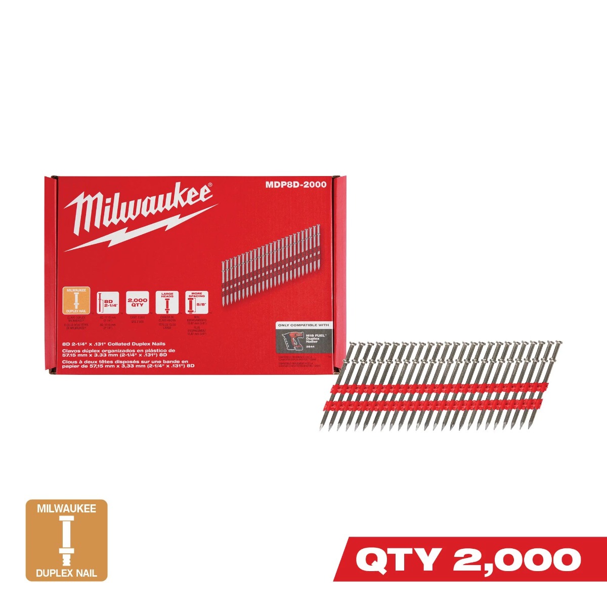 Milwaukee® 8D 2-1/4” x .131” Collated Duplex Nails